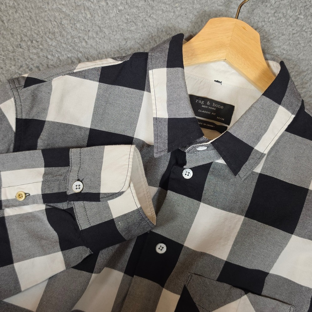 Rag Bone Button Down Mens Medium Black White Excellent Buffalo Plaid Classic Fit